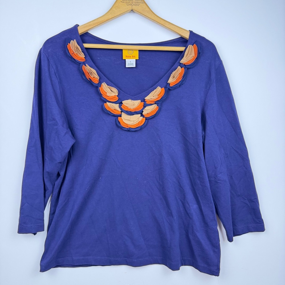 RUBY ROAD Large Women's Royal Blue Top Ruffle Flowers Work Shirt 3/4 Sleeve